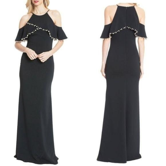 $795 NWT BADGLEY MISCHKA Women's Black Maxi Long Dress‎ 4 SMALL Ruffle Pearls - Picture 6 of 12